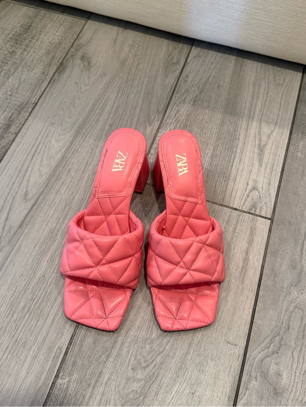 Zara Quilted Coral-Pink Block Heel Mules